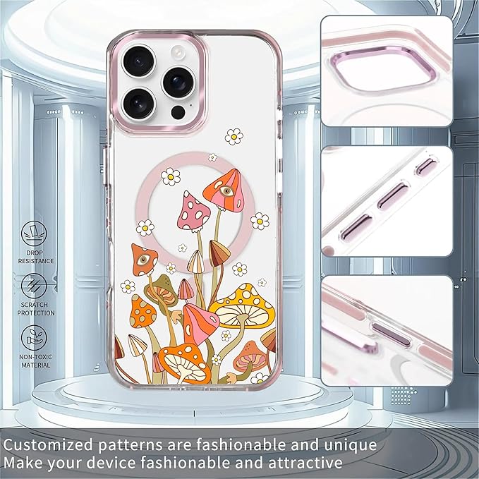 Case for iPhone 16 Pro,[Compatible with MagSafe],Retro Mushroom Sunflower Phone Case Design，for Women Girls Magnetic Clear Cover - Slim, Sleek, & Shockproof Protection