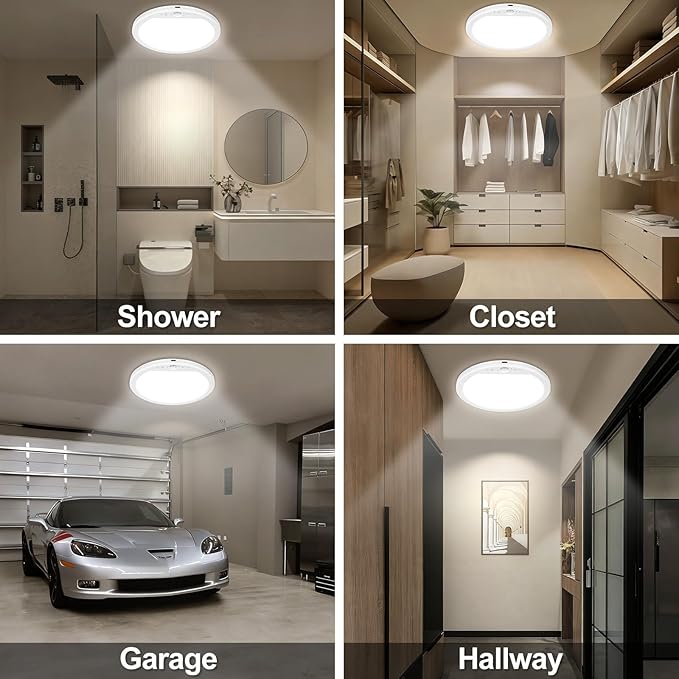 OSIDEN 2 Pack Rechargeable Motion Sensor Ceiling Light with Remote for Shower Shed Hallway Porch Stairs Garage