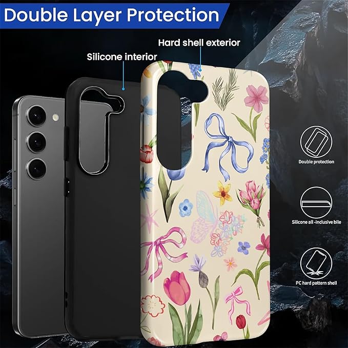for Samsung Galaxy S23 Case,HL2 Aesthetic Flower Preppy Collage Hybrid 2 Layer Hard Shell Silicone Protective Pattern Design Case