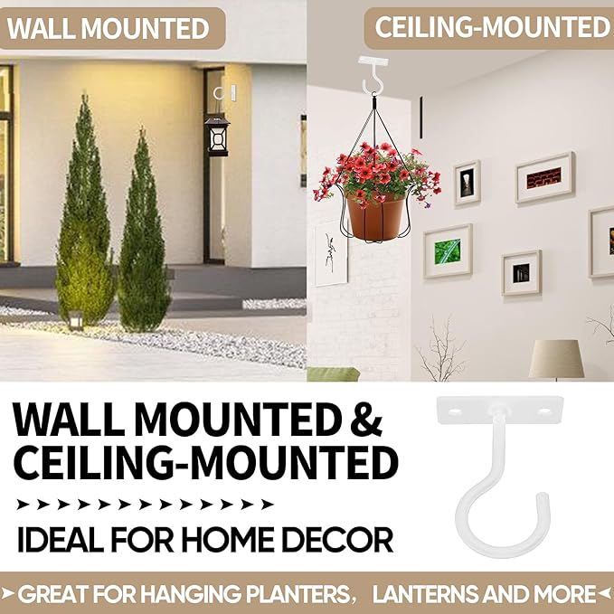 Ceiling Hooks for Hanging Plants 2pack 2.5inch Wall Mount Plant Hooks Meatl Plant Hanger Indoor for Hanging Lanterns, Bird Feeder, Flower Basket, Home Decor Indoor & Outdoor (White)