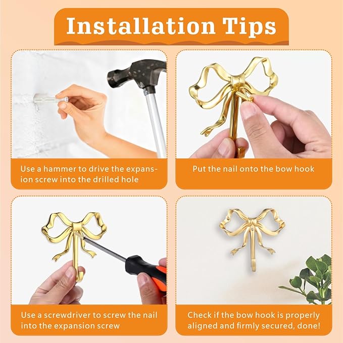 2 Pcs Gold Bow Wall Hooks - Elegant Brass Coat Hanger, Multi-Purpose Towel Hooks for Bathroom, Living Room & Kitchen - Elegant Gift for Home Decor (Gold 2L)