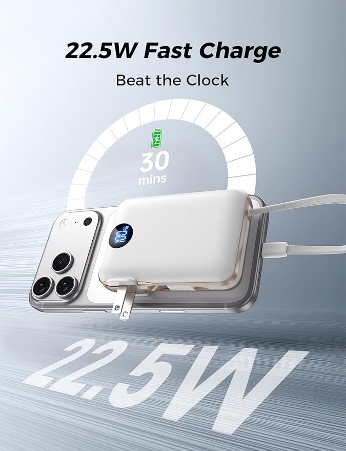 Portable Charger with Built-in Cables & Wall Plug, 10000mAh Power Bank, 4 Outputs 22.5W USB C Fast Charging, Slim Travel Battery Pack with LED Display for iPhone 17/16/15/14, White