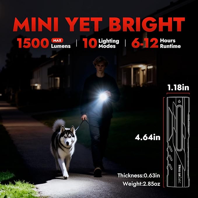 WARSUN Rechargeable EDC Flashlight – 1500 Lumen Compact LED Pocket Flashlight with Magnetic Base and Clip, Portable Work Light for Dog Walking, Camping, Car Repair and Emergency Use
