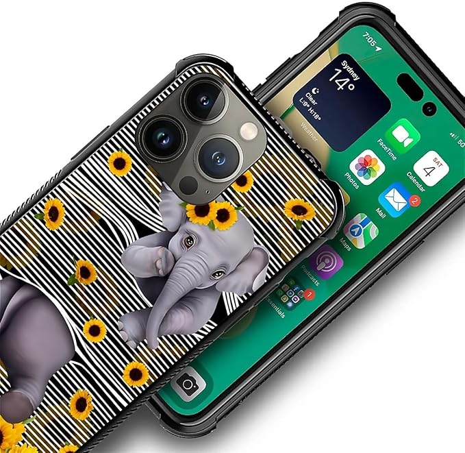 for iPhone 14 Pro Max Case, Cute Little Elephant Sunflower White Line Art Pattern Graphic Design Girl Boy Soft Silicone Hard Acrylic Shock Protection for iPhone 14 Pro Max