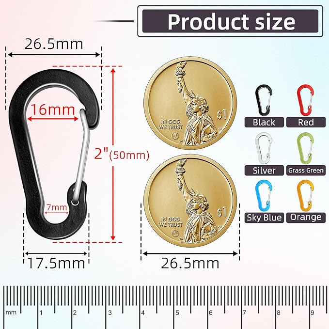 6pcs Aluminum Small Carabiner Clip, 2 Inch Carabiner Keychain Clasp Spring D Ring for Hanging Home KeyRings Hook Paracord Lanyard Keychain Pet Collar Hiking Camping Fishing Accessories (Assorted)
