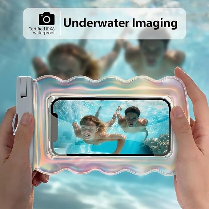 Floatable Waterproof Phone Pouch Case for iPhone 17 16 Pro Max/15/14, IP68 Travel Cellphone Dry Bag Beach Cruise Ship Essentials Bags with Crossbody Lanyard, Pearlescent Wave Style - 7″