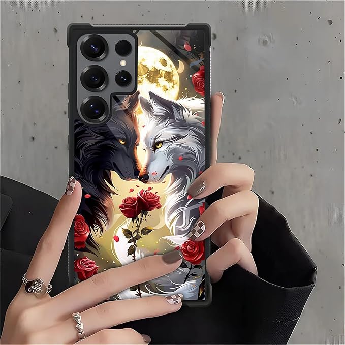 for Samsung Galaxy S25 Ultra Case,Graphic Design for Girl Boy Soft Silicone Hard Acrylic Shock Protection Designed for Samsung Galaxy S25 Ultra Black White Wolf Moon Flower Rose Pattern