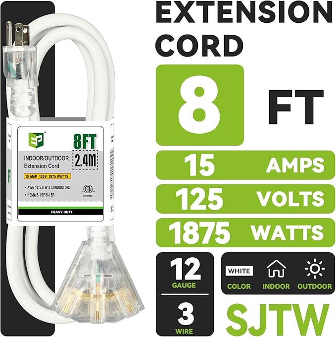EP 6FT 12 Gauge Heavy Duty Extension Cord, 15A 125V 1875W, 3 Outlet Indoor/Outdoor Power Cord with Lighted End, 12/3 SJTW Weatherproof White, ETL Listed