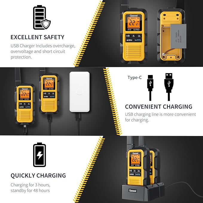Gaswei G2pro+ IP67 Waterproof Floating Heavy Duty Walkie Talkies Long Range for Adults FRS Double PTT，FM radio,SOS,NOAA weather Rechargeable Two Way Radios 2 watts,VOX,Li-ion Battery (2 Pack - Yellow)