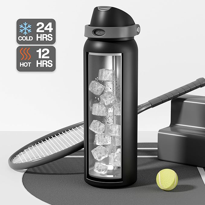 POWCAN 40 oz Insulated Water Bottle for Men: Push-Button Spout & Quick-Flip Straw, Leakproof, Cold for 24 Hrs, Stainless Steel Large Water Bottle for Sports, Camping, Trips, Outdoors (Midnight Black)