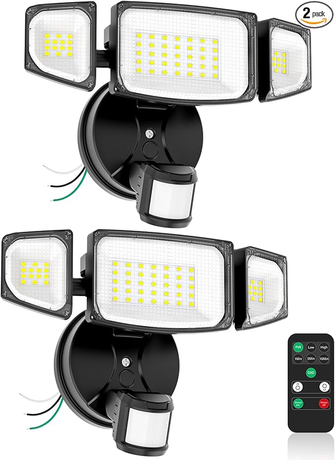 iMaihom 65W 6500LM LED Security Lights Motion Sensor Light Outdoor, 6500K Daylight, IP65 Waterproof, Dusk to Dawn, Hardwired 3-Head Motion Detected Flood Light for Garage, Yard, Porch (Black, 2 Pack)