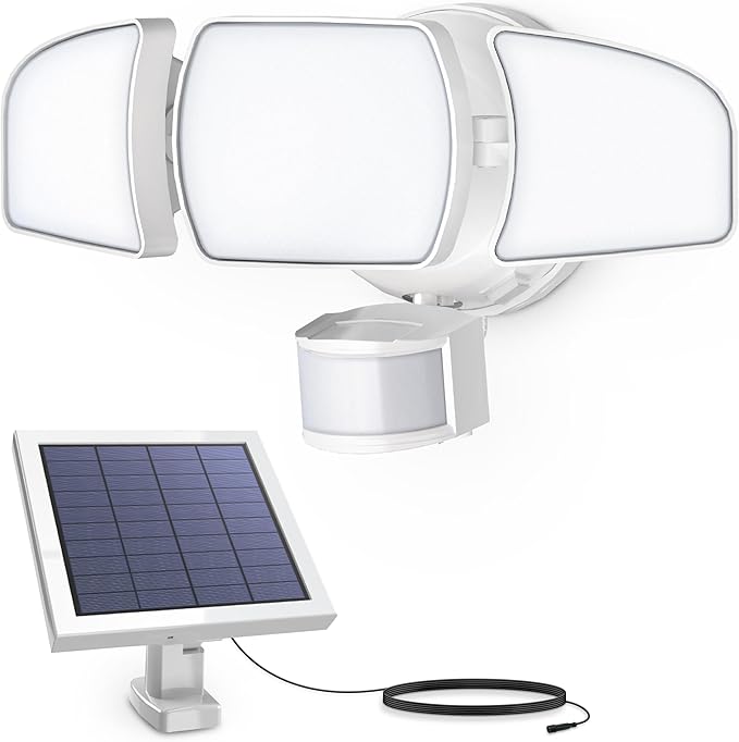 Feit Electric Outdoor LED Triple Head Solar Security Flood Lights with Motion Sensor, Dusk-to-Dawn Sensor, 3000 Lumens Floodlight, 5000K Daylight, No Hardwiring Needed, S13TFL/3000MOTSOL/WH