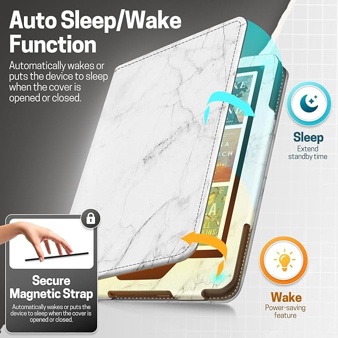 TNP Stand Case with Strap for Kindle Paperwhite 12th Gen 2024 / Kindle Colorsoft Signature Edition - 7" PU Leather Protective Folio Cover with Auto Wake/Sleep & Card Slot, Marble White