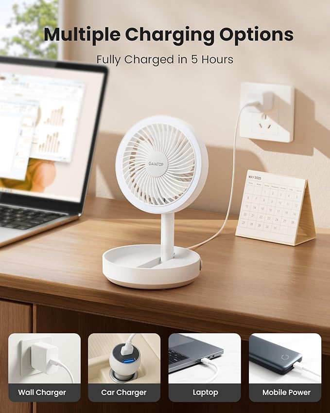 Gaiatop Foldable Small Desk Fan with LED Night Light, 6.8in Wireless 6000mAh Battery Powered Portable Fan USB Rechargeable, Bedroom Office Dorm Camping Travel Cruise Essentials, Gifts for Women Men