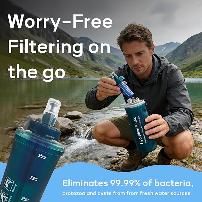 700ml Soft Flask Water Bottle, Collapsible Water Bottle with Filter, Perfect for Hiking, Backpacking, and Camping - Dark Green