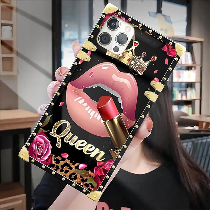 Compatible with iPhone 12 Pro Max Case, Glitter Red Rose Queen Leopard Lipstick Luxury Golden Decoration for Girl Women Soft TPU Shockproof Protective Hard PC Back