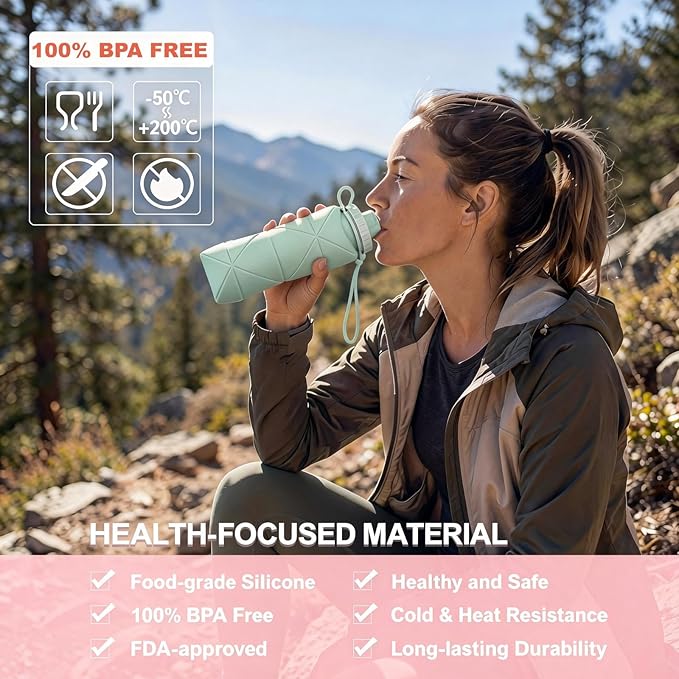 Collapsible Travel Water Bottle 20oz (600ml), BPA-Free, Foldable Silicone Lightweight Reusable Water bottle with Leak-Proof Lid & Lanyard, Portable for Travel Cycling Gym Camping (Green)