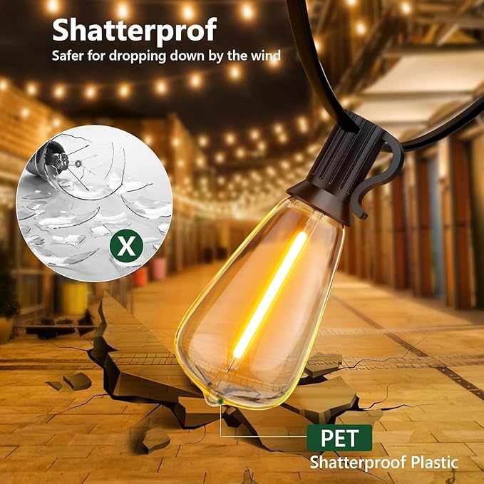100FT Remote Outdoor String Lights for Outside, 50+2 LED Waterproof Shatterproof Edison Dimmable Timer Bulbs, 2500K Warm White Patio Lights for Garden Backyard Yard Hanging Lighting