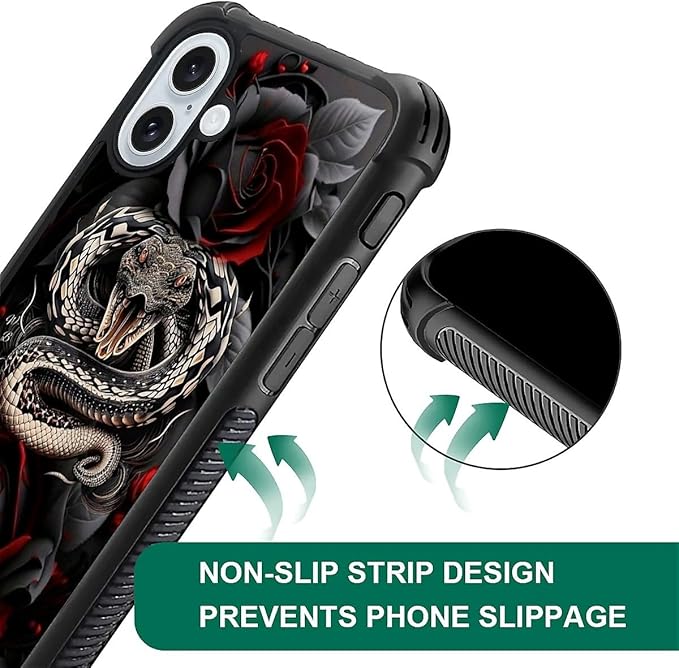 for iPhone 16 Plus Case, Entwined Rose Snake Pattern Graphic Design Girl Boy Soft Silicone Hard Acrylic Shock Protection for iPhone 16 Plus