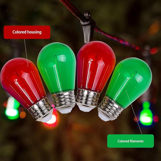 Jslinter Colored String LED Light Bulbs - 1 watt Plastic Outdoor Indoor S14 Bulbs for Christmas String Light Replacement - Shatterproof - E26 Base - 24Pack - Red/Green