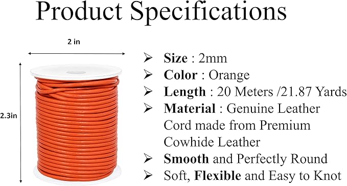 GENIQUE Real/Genuine Round Leather String Cord for Necklace, Bracelets, Jewellery, Braiding (Orange, 2mm)