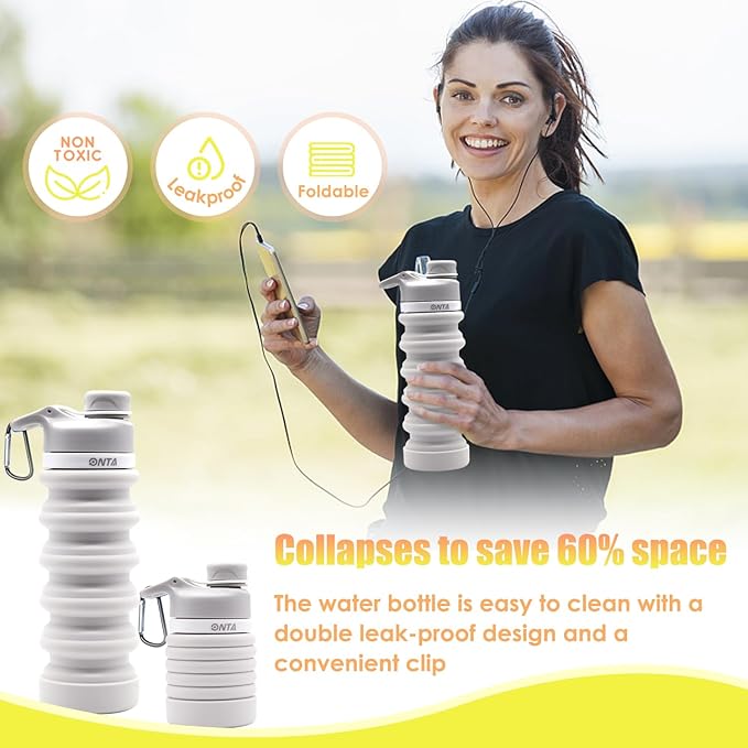 ONTA Collapsible BPA Free Silicone Water Bottle, 20oz - Portable, Leakproof, Easy Clean, Shatter Resistant, Travel Friendly