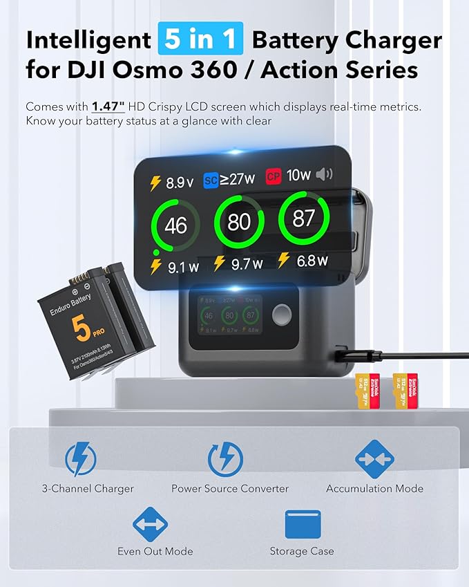 2100mAh Battery and Charger for DJI Osmo 360 / Action 5 Pro/Action 6, Color LCD Intelligent Two Way Charger Hub Triple Slot 27W PD Fast Charging Case for Osmo 360 Action 5 Pro 6 4 3 Accessory