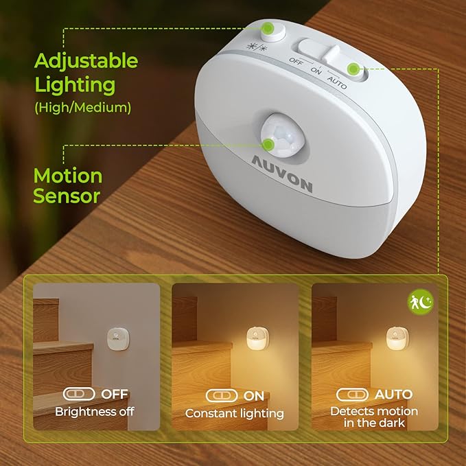 AUVON Rechargeable Battery Night Light, Mini with Motion Sensor, Warm White LED Stick-On Closet Light with Dusk to Dawn Sensor, Adjustable Brightness for Wall, Stairs, Hallway, Cabinet (4 Pack)