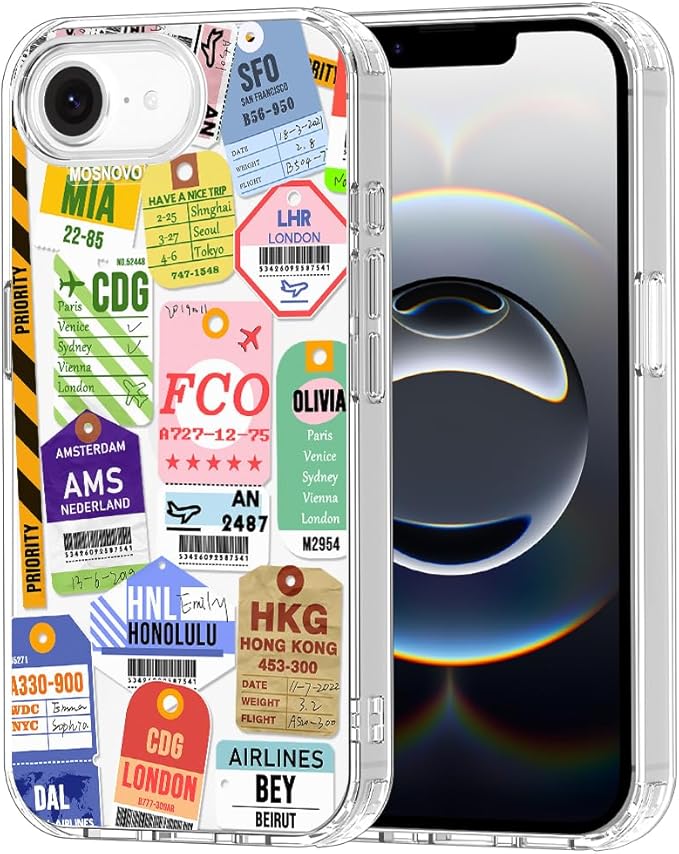 MOSNOVO for iPhone 17e Case/iPhone 16e Case, Shockproof Military-Grade Protection 6.6ft Drop Tested, Clear Phone Case for iPhone 16e / iPhone 17e, Air Ticket Labels Design