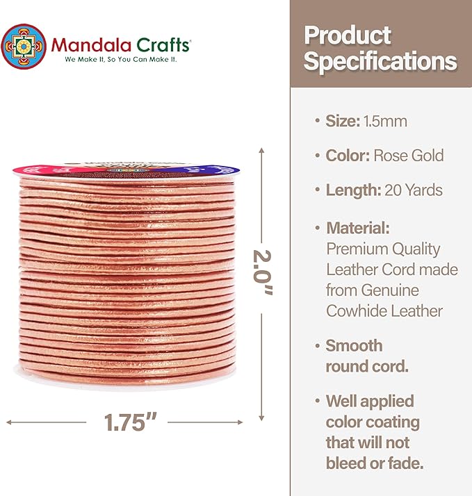 Mandala Crafts Round Genuine Rose Gold Leather Cord for Jewelry Making – 1.5mm Cowhide Leather Rope String Lace for Kumihimo – 20 Yards Cowhide Craft Cording Spool