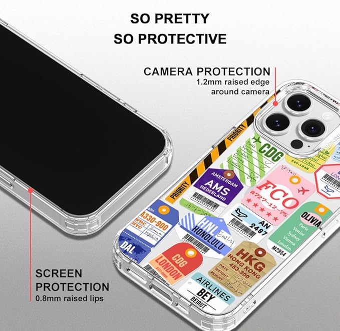 MOSNOVO Case for iPhone 16 Pro Max, [Buffertech 6.6ft Military-Grade Drop Protection] [Anti Peel Off Tech] Clear TPU Bumper Phone Case Cover Design - Air Ticket Labels