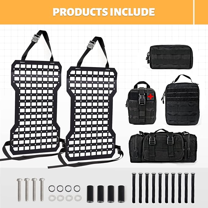 MAIKER 2pcs Tactical Seat Back Molle Panel Compatible with 2021-2025 Ford Bronco, Tactical Rigid Molle Aluminum Insert Panel with 4 Storage Bags and 10 Fastening Tape