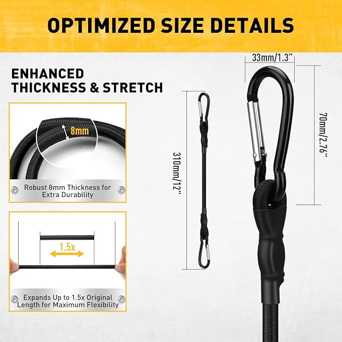 6 Piece 12 Inch Carabiner Bungee Cords with Hooks, Heavy Duty Outdoor Bungee Cords with Carabiner Hooks, 6" Nylon Cable Ties, UV & Weather Resistant