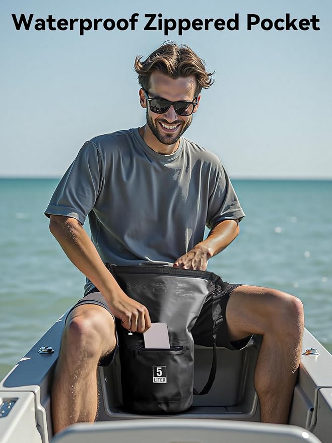 HEETA Waterproof Dry Bag with Front Zippered Pocket for Women Men, 5L/10L/20L/30L/40L Roll Top Lightweight Dry Storage Bag Backpack for Travel, Kayaking, Boating, Rafting, Camping, Hiking & Beach