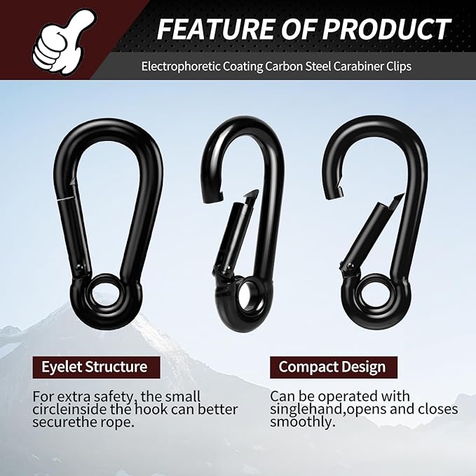 Spring Snap Hooks, Black Carabiner Clip, Heavy Duty Rope Connector, Quick Link Carabiners Spring Snap Hooks for Indoor & Outdoor, Camping, Fishing