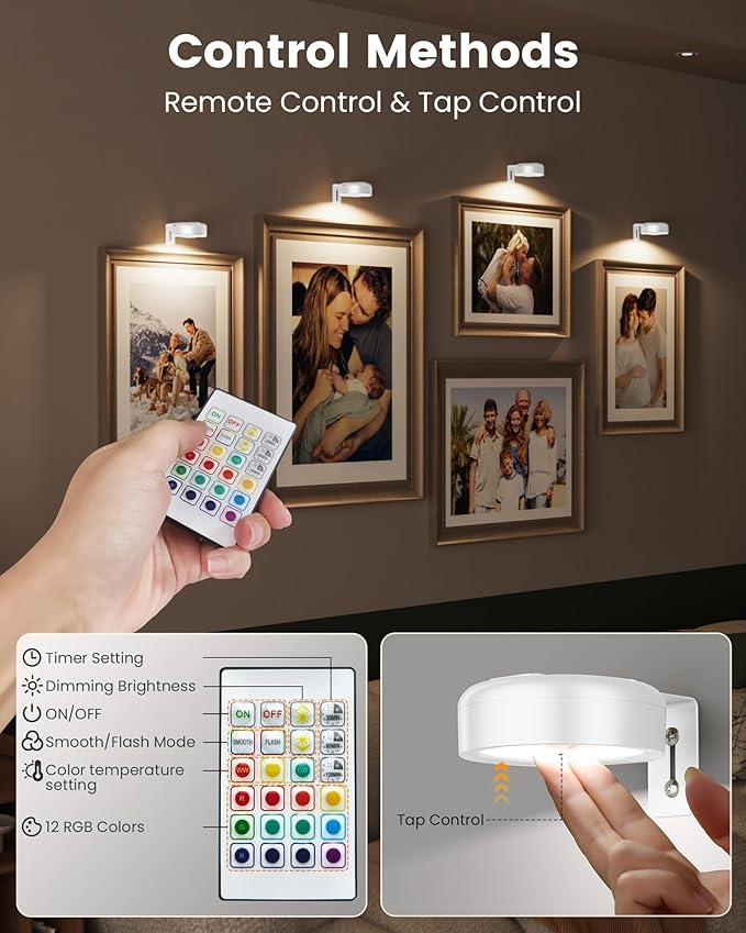 Picture Lights for Wall,Wireless 2000mAh Rechargeable Magnetic LED Puck Lights with Remote,3 Color Temps and 12 RGB,Dimming & Timer,Art Frame Light for Painting Display,Photos,Wall Decor(6 Pack)