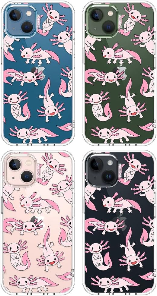 MOSNOVO for iPhone 13/14 Case | Military Grade 6.6ft Drop Tested | Clear with Pink Axolotl Design