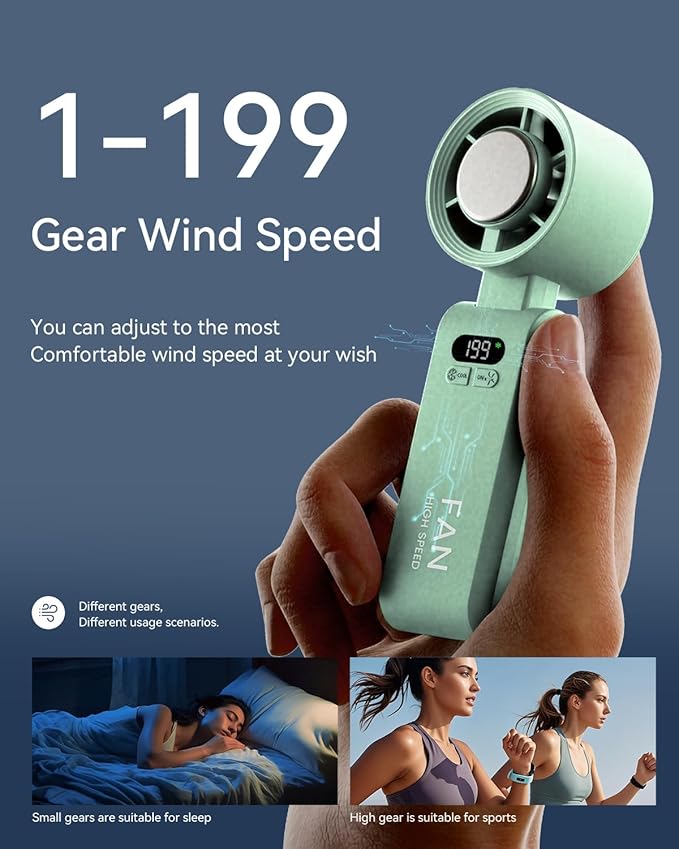 2 Pack Handheld Portable Turbo Fan with Ice Cooler, Speed (1-199) 5500mAh*2 Rechargeable Personal Fan,[20H Cooling Time] Mini Yet Powerful, Small Pocket Fans for Travel/Outdoor/Office, Light Green