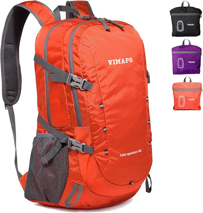 Lightweight Foldable Hiking Backpack 40L, Ripstop Nylon Packable Travel Daypack, Collapsible Backpack For Traveling Hiking Camping Touring(Orange)