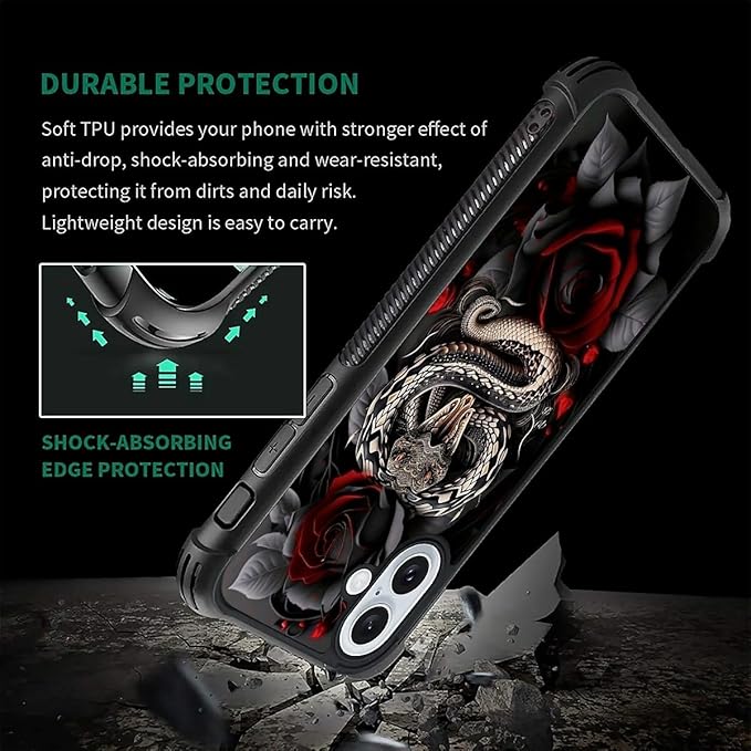 for iPhone 16 Plus Case, Entwined Rose Snake Pattern Graphic Design Girl Boy Soft Silicone Hard Acrylic Shock Protection for iPhone 16 Plus