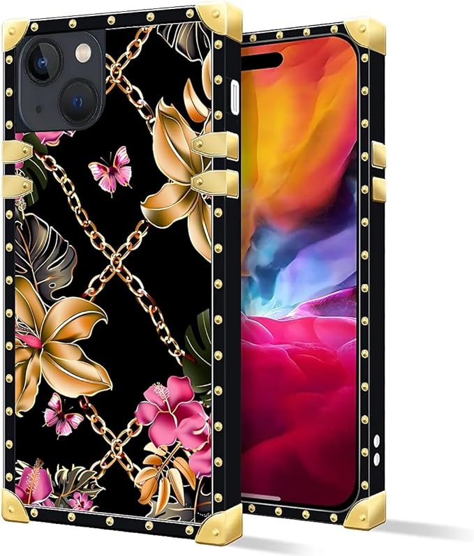 Compatible with iPhone 15 Case, Pink Golden Chain Tropical Flower Luxury Golden Decoration for Girl Women Soft TPU Shockproof Protective Hard PC Back for iPhone 15