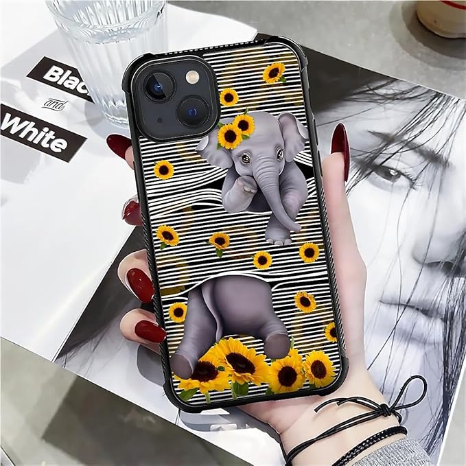 for iPhone 15 Plus Case, Cute Little Elephant Sunflower White Line Art Pattern Made of Soft Silicone Hard Acrylic Shock Protection for iPhone 15 Plus
