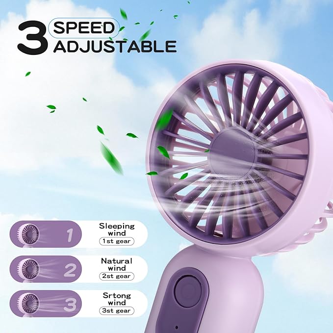 Rossesay 3 Pcs Mini Portable Fan Bulk Cute Handheld Lightweight Small Little Personal Hand Eyelash Fan 3 Speeds USB Rechargeable for Women Men Indoor Outdoor Makeup Travel (Blue,Pink,Purple)