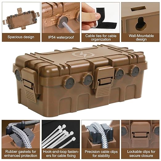 Medium Outdoor Electrical Box (11.6x5.2x4.1 inch), IP54 Waterproof Extension Cord Cover w/ 6 Cable Entry, Weatherproof Connection Box for Power Strip, Plug, Timer, Holiday Lights, Brown