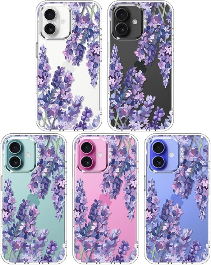 MOSNOVO Case for iPhone 16 Plus, [Buffertech 6.6ft Military-Grade Drop Protection] [Anti Peel Off Tech] Clear TPU Bumper Phone Case Cover Design - Lavender