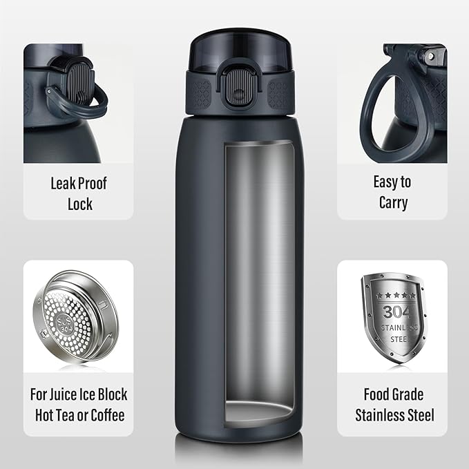 Insulated Water Bottle 18 oz with Dustproof Lid, Carry Handle & Tea Infuser, BPA-Free & Leakproof, Stainless Steel Water Bottles Ideal for Fitness, Hiking, Office & Outdoor Use （Cold Gray ）