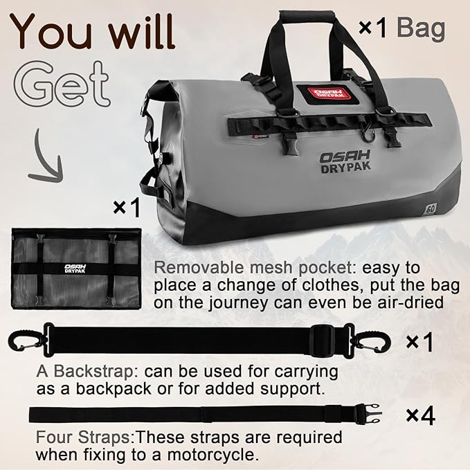 OSAH DRYPAK Waterproof Duffel Bag 25L/40L/60L – Heavy-Duty Motorcycle Tail Bag, Roll-Top Dry Bag for Travel, Camping, Boating, Kayaking, Outdoor Adventure