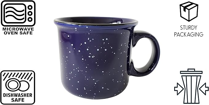 14oz Ceramic Campfire Coffee Mug (Set of 4), Blue with Speckled Finish - Durable Thick Walled Camping Style Cup for Outdoors or Home