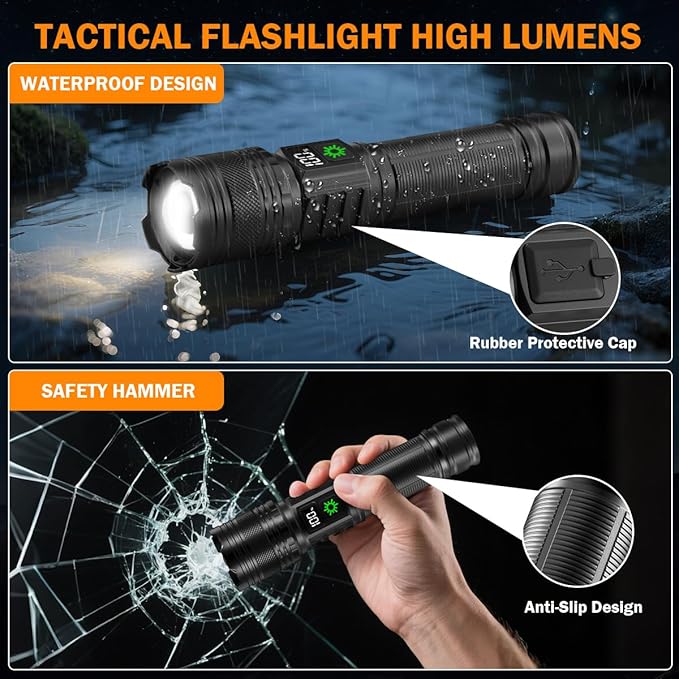 6Pack Rechargeable Flashlights High Lumens, LED Flashlight Rechargeable with LCD Digital Display, 5Modes Adjustable Flash Light, Super Bright Flashlight Powerful, Tactical Flashlights for Home