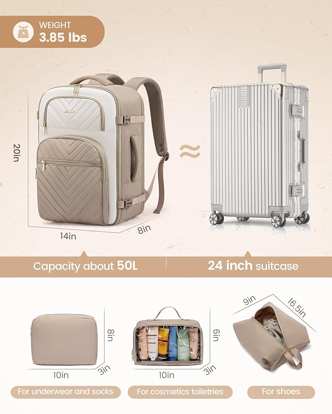 LOVEVOOK Travel Backpack Carry on Flight Approved 50L,Waterproof TSA Travel Essentials Personal Item Backpack for Women Men,Large Carry on Luggage Suitcase Travel Bag for Airplane with 3 Packing Cubes